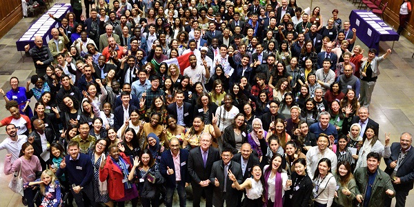 Aerial photo of people celebrating at International Scholars' Reception.